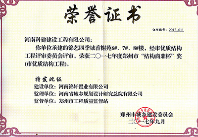 “錦藝四季城香榭苑6#、7#、8#樓”榮獲2017年鄭州市“結(jié)構(gòu)商鼎杯獎(jiǎng)”