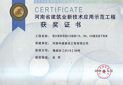 “恒大綠洲項(xiàng)目A10地塊17#、18#、19#樓及地下車庫(kù)工程”榮獲“河南省建筑業(yè)新技術(shù)應(yīng)用示范工程”金獎(jiǎng)