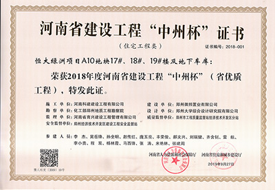 恒大綠洲項(xiàng)目A10地塊17#、18#、19#樓及地下車庫(kù)榮獲“2018年度河南省建設(shè)工程中州杯（省優(yōu)質(zhì)工程）”